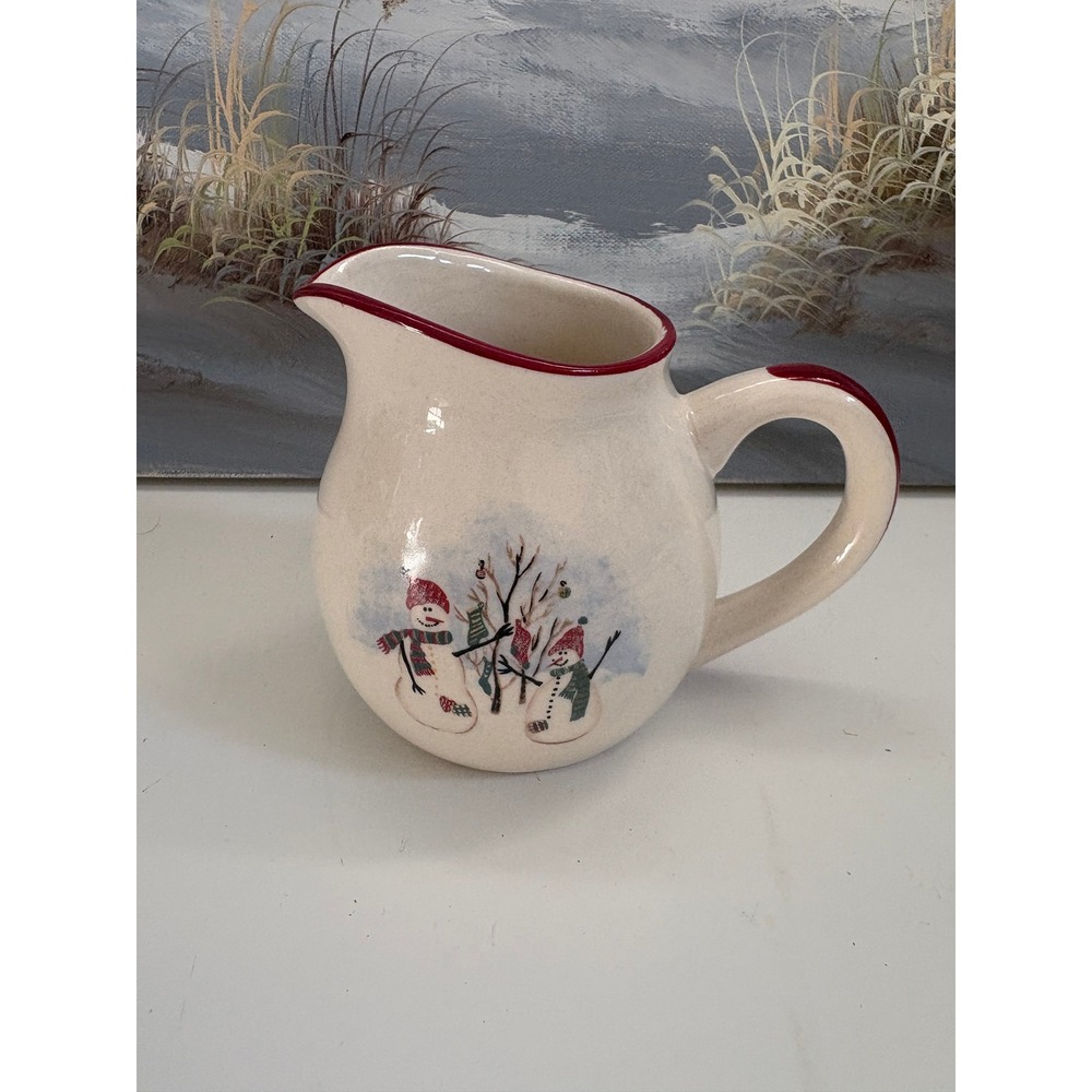Royal Seasons Stoneware Snowman Creamer Pitcher Christmas Holiday Red Trim 4in
